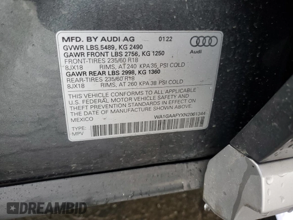 2022 Audi Q5 S line Premium with VIN WA1GAAFYXN2061344, listed as a Copart auction lot 49189535 with 50,007 mi miles and Salvage Title. Bid and sale history available at carsss.com. Image 14.