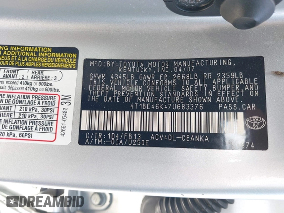 2007 Toyota Camry CE with VIN 4T1BE46K47U683376, listed as a IAAI auction lot 42076331 with 180,369 mi miles and . Bid and sale history available at DreamBid. Image 9.