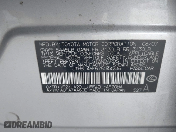 2007 Lexus LS 460 z VIN JTHBL46F575044235, wystawiony jako IAAI lot #42518998 z przebiegiem 224 489 mil mil oraz . Historia ofert i sprzedaży dostępna na DreamBid. Obrazek 9.