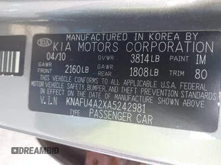 2010 Kia Forte EX z VIN KNAFU4A2XA5242981, wystawiony jako IAAI lot #42213767 z przebiegiem 174 155 mil mil oraz . Historia ofert i sprzedaży dostępna na DreamBid. Obrazek 9.