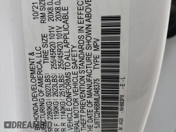 2021 Acura RDX w/A-Spec Package with VIN 5J8TC2H68ML048375, listed as a Copart auction lot 57971645 with Not provided miles and Salvage title. Bid and sale history available at DreamBid. Image 13.