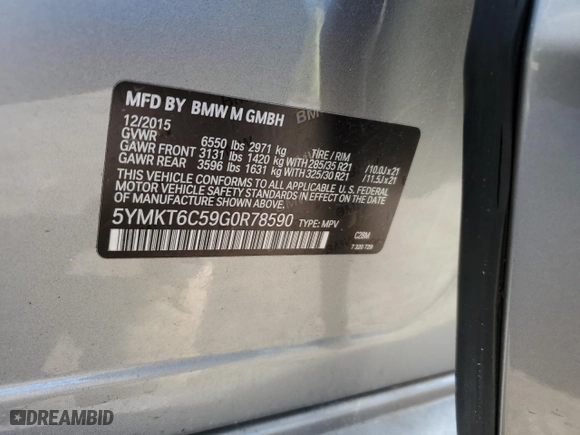2016 BMW X5 M with VIN 5YMKT6C59G0R78590, listed as a Copart auction lot 52993985 with 0 mi miles and Clean Title. Bid and sale history available at carsss.com. Image 12.