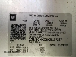 2019 Chevrolet Suburban LT with VIN 1GNSCHKC6KR177387, listed as a Copart auction lot 40919754 with 46,100 mi miles and . Bid and sale history available at DreamBid. Image 13.