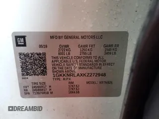 2019 GMC Acadia SLE with VIN 1GKKNRLAXKZ272948, listed as a Copart auction lot 60263105 with 85,380 mi miles and Salvage title. Bid and sale history available at DreamBid. Image 13.