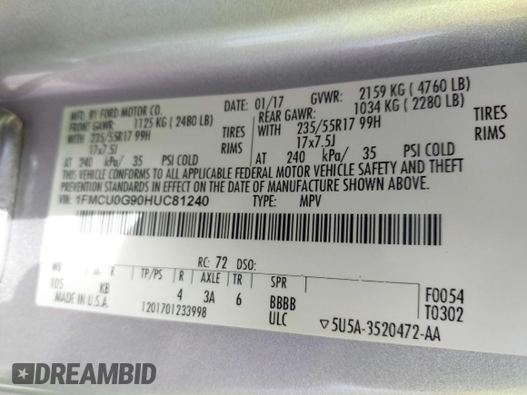 2017 Ford Escape SE with VIN 1FMCU0G90HUC81240, listed as a IAAI auction lot 40607814 with 68,333 mi miles and . Bid and sale history available at DreamBid. Image 9.