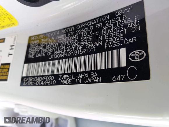 2022 Toyota Prius L Eco with VIN JTDKAMFUXN3159170, listed as a IAAI auction lot 41930288 with 53,414 mi miles and . Bid and sale history available at DreamBid. Image 9.