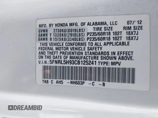 2012 Honda Odyssey Touring with VIN 5FNRL5H93CB125241, listed as a IAAI auction lot 42299053 with 125,549 mi miles and . Bid and sale history available at DreamBid. Image 9.