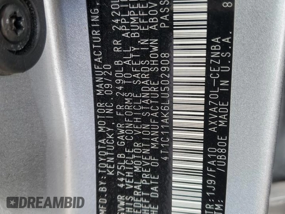 2020 Toyota Camry LE with VIN 4T1C11AK6LU502908, listed as a Copart auction lot 52788385 with 49,978 mi miles and Salvage Title. Bid and sale history available at carsss.com. Image 12.