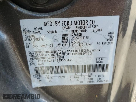 2008 Ford F-250 XL z VIN 1FTSX21518ED53470, wystawiony jako Copart lot #58700765 z przebiegiem 71 241 mil mil oraz Czysty tytuł • Clean title. Historia ofert i sprzedaży dostępna na DreamBid. Obrazek 12.