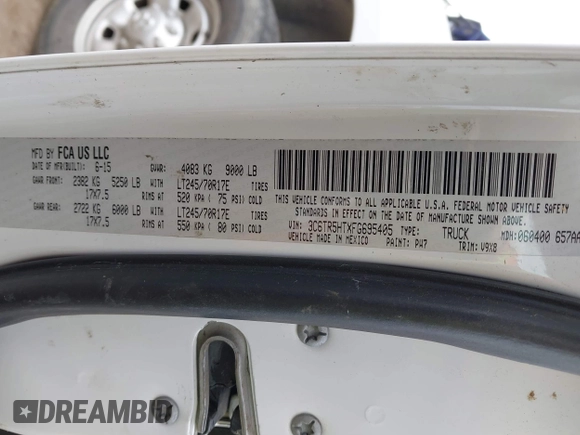 2015 Ram 2500 Tradesman с VIN 3C6TR5HTXFG695405, выставлен на аукционе IAAI как лот 42051190 с пробегом 144 503 миль миль и . История ставок и продаж доступна на DreamBid. Изображение 9.
