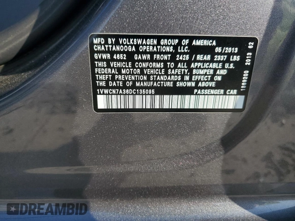 2013 Volkswagen Passat SEL Premium z VIN 1VWCN7A36DC135095, wystawiony jako Copart lot #57338905 z przebiegiem 151 843 mil mil oraz Szkoda całkowita • Salvage title. Historia ofert i sprzedaży dostępna na DreamBid. Obrazek 13.