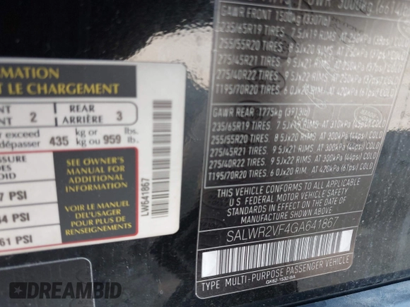 2016 Land Rover Range Rover Sport HSE with VIN SALWR2VF4GA641867, listed as a IAAI auction lot 42729150 with 127,164 mi miles and . Bid and sale history available at DreamBid. Image 9.