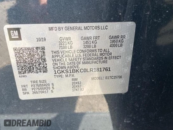 2020 GMC Yukon SLT with VIN 1GKS1BKC0LR181761, listed as a Copart auction lot 89182775 with 55,220 mi miles and Salvage Title. Bid and sale history available at DreamBid. Image 10.