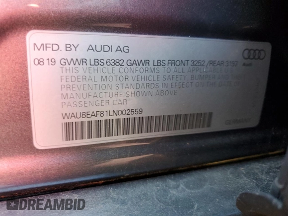 2020 Audi A8 с VIN WAU8EAF81LN002559, выставлен на аукционе Copart как лот 81567644 с пробегом 29 458 миль миль и Списание • Salvage title. История ставок и продаж доступна на DreamBid. Изображение 13.