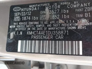 2013 Hyundai Accent GLS with VIN KMHCT4AE1DU358871, listed as a IAAI auction lot 42373080 with 150,443 mi miles and . Bid and sale history available at DreamBid. Image 9.