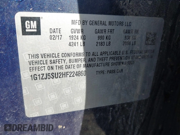 2017 Chevrolet Malibu Hybrid with VIN 1G1ZJ5SU2HF224860, listed as a IAAI auction lot 41821352 with 162,745 mi miles and . Bid and sale history available at DreamBid. Image 9.