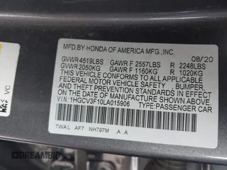 2020 Honda Accord with VIN 1HGCV3F10LA015906, listed as a IAAI auction lot 41895296 with 106,341 mi miles and . Bid and sale history available at DreamBid. Image 9.