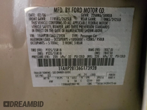 2006 Ford Five Hundred Limited with VIN 1FAHP28136G173928, listed as a Copart auction lot 41915955 with 0 mi miles and Salvage Title. Bid and sale history available at carsss.com. Image 12.