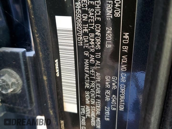 2008 Volvo S60 2.5T with VIN YV1RH592682701511, listed as a Copart auction lot 42283755 with 79,806 mi miles and Salvage Title. Bid and sale history available at carsss.com. Image 12.