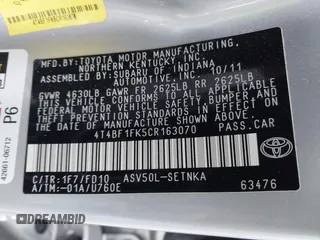 2012 Toyota Camry L with VIN 4T4BF1FK5CR163070, listed as a IAAI auction lot 42062588 with 159,602 mi miles. Bid and sale history available at carsss.com. Image 9.