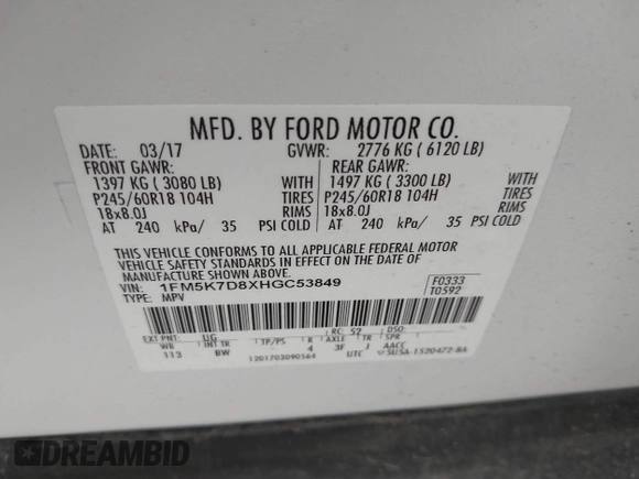 2017 Ford Explorer XLT z VIN 1FM5K7D8XHGC53849, wystawiony jako IAAI lot #42220485 z przebiegiem 135 902 mil mil oraz . Historia ofert i sprzedaży dostępna na DreamBid. Obrazek 9.