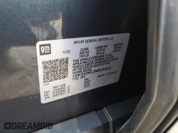 2022 GMC Yukon Denali with VIN 1GKS1DKL2NR184613, listed as a Copart auction lot 77578064 with 0 mi miles and Non Repairable. Bid and sale history available at carsss.com. Image 13.