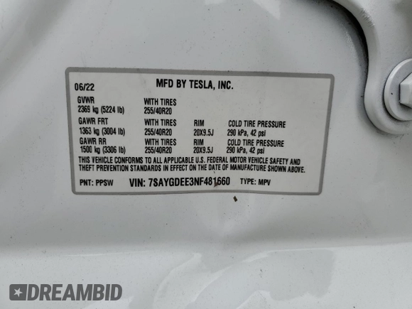 2022 Tesla Model Y Long Range z VIN 7SAYGDEE3NF481660, wystawiony jako Copart lot #54398215 z przebiegiem 48 587 mil mil oraz Szkoda całkowita • Salvage title. Historia ofert i sprzedaży dostępna na DreamBid. Obrazek 13.
