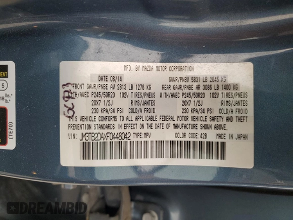 2015 Mazda CX-9 Grand Touring z VIN JM3TB2DAXF0448042, wystawiony jako Copart lot #53620085 z przebiegiem 134 386 mil mil oraz Szkoda całkowita • Salvage title. Historia ofert i sprzedaży dostępna na DreamBid. Obrazek 13.