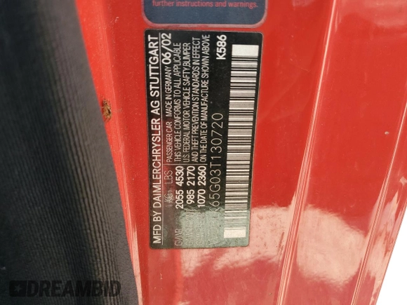 2003 Mercedes-Benz CLK-Class 3.2L with VIN WDBLK65G03T130720, listed as a Copart auction lot 69927604 with 0 mi miles and Salvage Title. Bid and sale history available at carsss.com. Image 13.