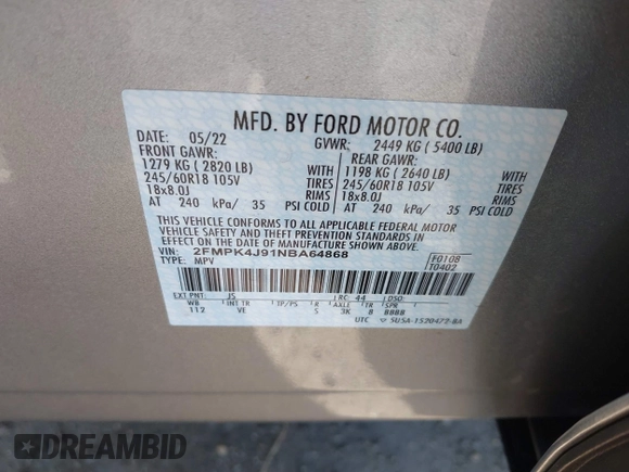 2022 Ford Edge SEL z VIN 2FMPK4J91NBA64868, wystawiony jako IAAI lot #38954615 z przebiegiem 33 911 mil mil oraz . Historia ofert i sprzedaży dostępna na DreamBid. Obrazek 9.