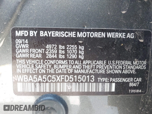2015 BMW 5 Series 528i z VIN WBA5A5C5XFD515013, wystawiony jako IAAI lot #42105984 z przebiegiem 157 465 mil mil oraz . Historia ofert i sprzedaży dostępna na DreamBid. Obrazek 9.