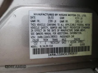 2005 Nissan Altima SL with VIN 1N4BL11DX5C390933, listed as a Copart auction lot 60193315 with 260,100 mi miles and Salvage title. Bid and sale history available at DreamBid. Image 12.
