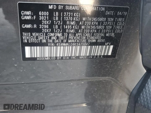 2019 Subaru Ascent Limited z VIN 4S4WMALD8K3475847, wystawiony jako Copart lot #59414655 z przebiegiem 88 330 mil mil oraz Szkoda całkowita • Salvage title. Historia ofert i sprzedaży dostępna na DreamBid. Obrazek 13.