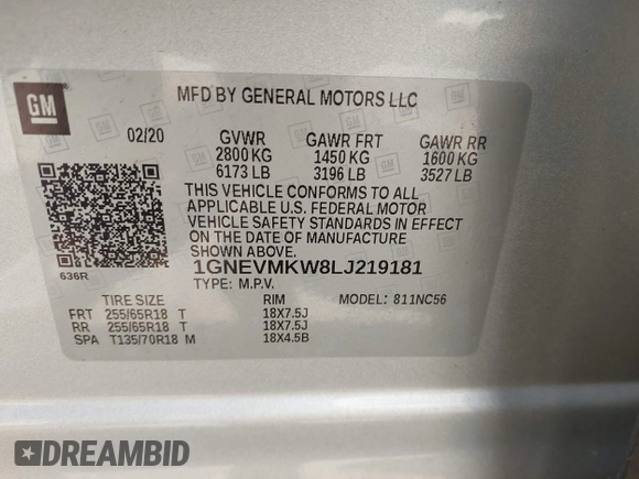 2020 Chevrolet Traverse LT Cloth with VIN 1GNEVMKW8LJ219181, listed as a IAAI auction lot 42150372 with 78,390 mi miles and . Bid and sale history available at DreamBid. Image 9.