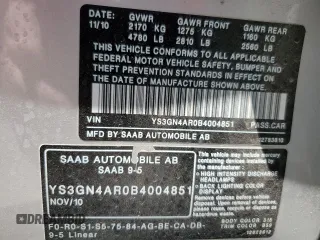 2011 Saab 9-5 Turbo4 with VIN YS3GN4AR0B4004851, listed as a Copart auction lot 59673184 with 85,246 mi miles and Salvage Title. Bid and sale history available at carsss.com. Image 12.
