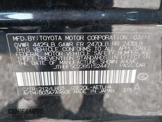 2011 Lexus IS 250 with VIN JTHBF5C22B5152447, listed as a IAAI auction lot 42445752 with 194,655 mi miles and . Bid and sale history available at DreamBid. Image 9.