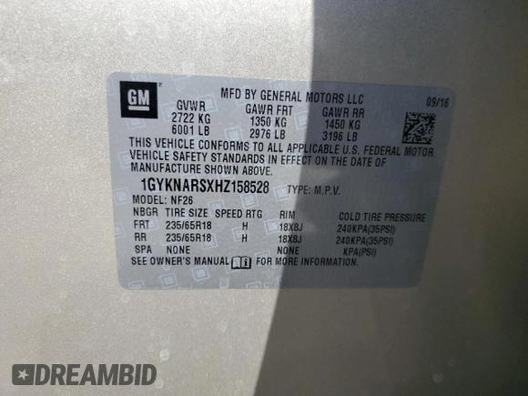 2017 Cadillac XT5 FWD with VIN 1GYKNARSXHZ158528, listed as a Copart auction lot 59761385 with 100,238 mi miles and Salvage title. Bid and sale history available at DreamBid. Image 13.