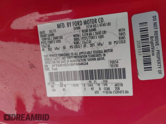 2011 Ford Ranger XL with VIN 1FTKR1ED1BPA64624, listed as a IAAI auction lot 42293896 with 137,770 mi miles and . Bid and sale history available at DreamBid. Image 9.