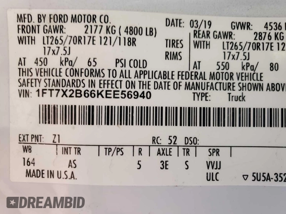 2019 Ford F-250 XL with VIN 1FT7X2B66KEE56940, listed as a IAAI auction lot 42282376 with 176,667 mi miles and . Bid and sale history available at DreamBid. Image 12.