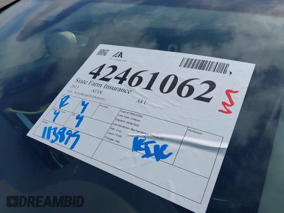 2013 Audi A8 3.0L with VIN WAURGAFD3DN005931, listed as a IAAI auction lot 42461062 with 113,899 mi miles and . Bid and sale history available at DreamBid. Image 17.
