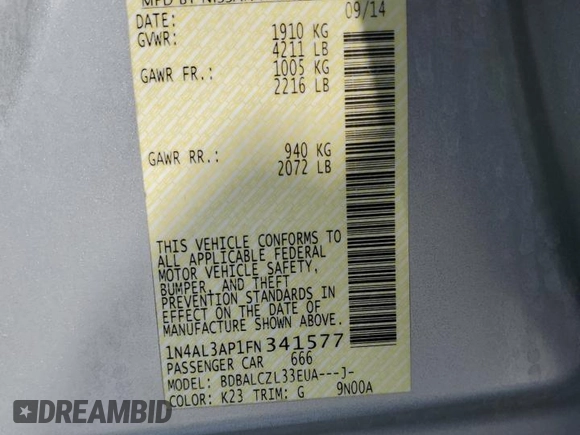 2015 Nissan Altima 2.5 z VIN 1N4AL3AP1FN341577, wystawiony jako Copart lot #56374785 z przebiegiem 162 255 mil mil oraz Szkoda całkowita • Salvage title. Historia ofert i sprzedaży dostępna na DreamBid. Obrazek 12.