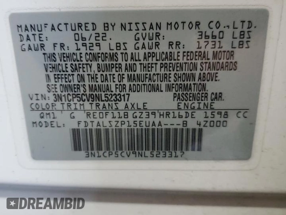 2022 Nissan Kicks SV with VIN 3N1CP5CV9NL523317, listed as a Copart auction lot 52853945 with 100,024 mi miles and Clean Title. Bid and sale history available at DreamBid. Image 13.