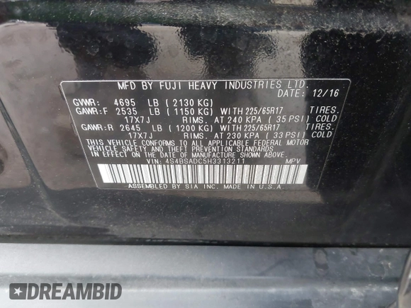 2017 Subaru Outback Premium with VIN 4S4BSADC5H3313211, listed as a IAAI auction lot 41906898 with 80,986 mi miles and . Bid and sale history available at DreamBid. Image 9.