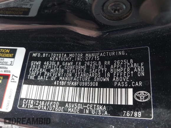 2015 Toyota Camry XLE with VIN 4T1BF1FK6FU985908, listed as a IAAI auction lot 41627697 with 232,066 mi miles. Bid and sale history available at carsss.com. Image 9.