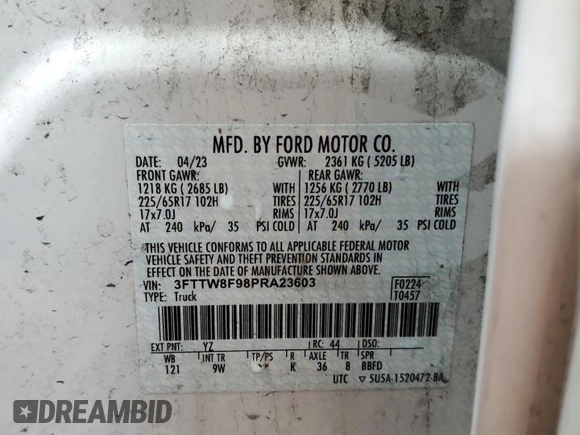 2023 Ford Maverick XL z VIN 3FTTW8F98PRA23603, wystawiony jako Copart lot #57517105 z przebiegiem Nie podano mil oraz Czysty tytuł • Clean title. Historia ofert i sprzedaży dostępna na DreamBid. Obrazek 13.