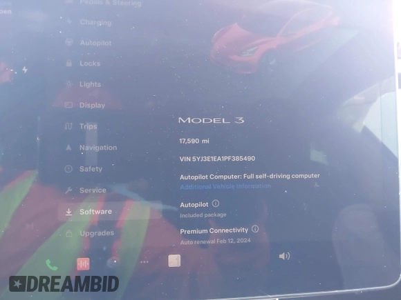 2023 Tesla Model 3 with VIN 5YJ3E1EA1PF385490, listed as a IAAI auction lot 42315884 with 17,590 mi miles and . Bid and sale history available at DreamBid. Image 7.