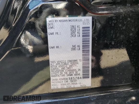 2025 Nissan Altima SV z VIN 1N4BL4DV8SN385784, wystawiony jako Copart lot #59095405 z przebiegiem 1 635 mil mil oraz Czysty tytuł • Clean title. Historia ofert i sprzedaży dostępna na DreamBid. Obrazek 12.