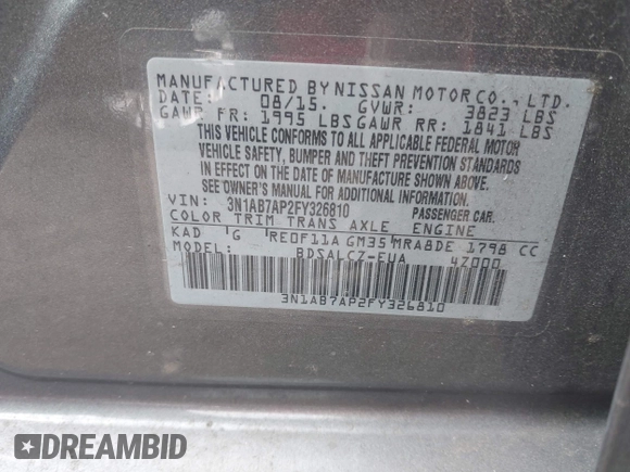 2015 Nissan Sentra SV z VIN 3N1AB7AP2FY326810, wystawiony jako IAAI lot #42235939 z przebiegiem 86 105 mil mil oraz . Historia ofert i sprzedaży dostępna na DreamBid. Obrazek 9.