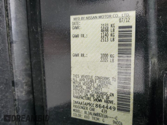 2012 Nissan Maxima SV z VIN 1N4AA5AP9CC864449, wystawiony jako Copart lot #56025985 z przebiegiem 114 182 mil mil oraz Szkoda całkowita • Salvage title. Historia ofert i sprzedaży dostępna na DreamBid. Obrazek 13.