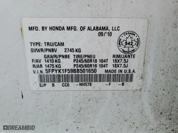 2011 Honda Ridgeline RTL with VIN 5FPYK1F59BB501650, listed as a Copart auction lot 47663465 with 252 mi miles and Salvage Title. Bid and sale history available at carsss.com. Image 12.